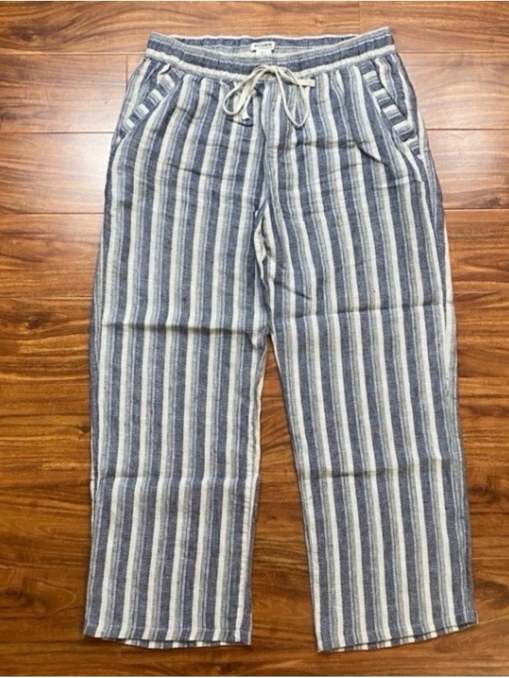 Artisan NY Women’s Navy Cream Stripe Linen Elastic Drawstring Crop Pant Size L